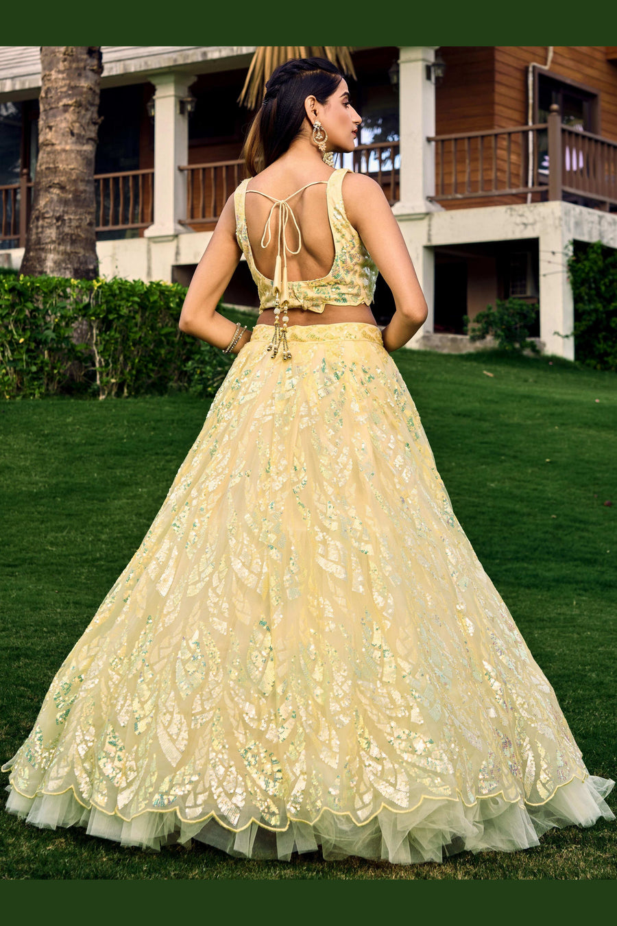 Yellow Net Reception Lehenga Choli For Indian & Pakistani Wedding Festival - Sequins & Thread Embroidery Work
