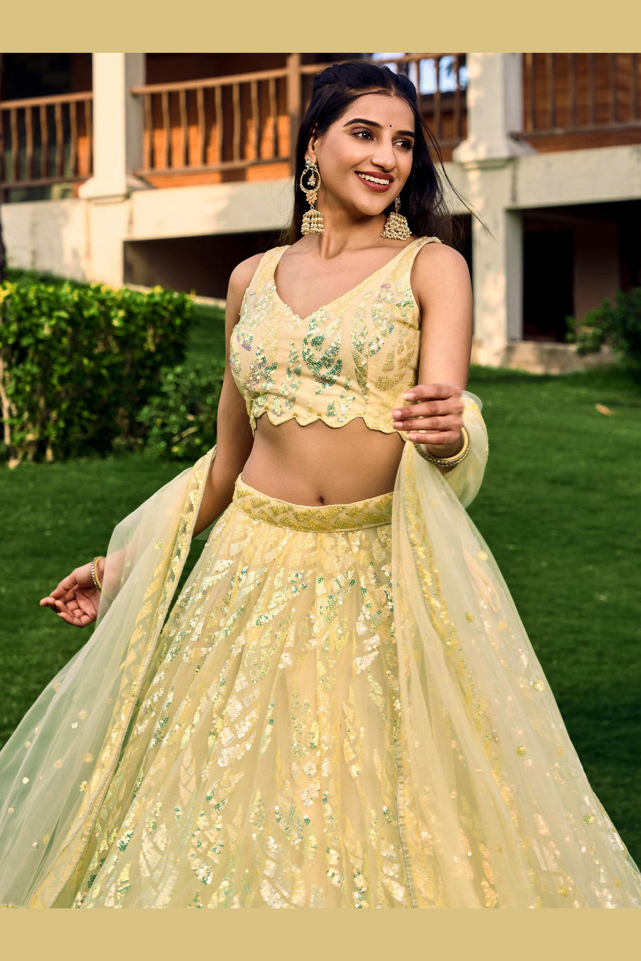Yellow Net Reception Lehenga Choli For Indian & Pakistani Wedding Festival - Sequins & Thread Embroidery Work