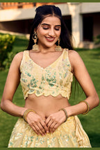 Yellow Net Reception Lehenga Choli For Indian & Pakistani Wedding Festival - Sequins & Thread Embroidery Work