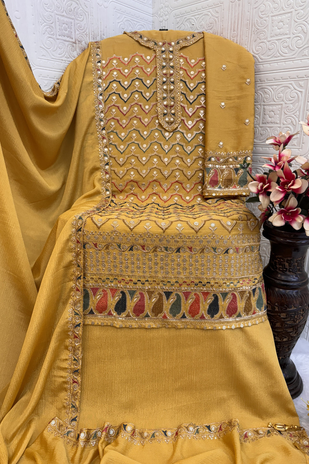 Yellow Chinon Silk Kameez With Palazzo Suit For Indian & Pakistani Wedding Festival - Thread & Sequence Embroidery