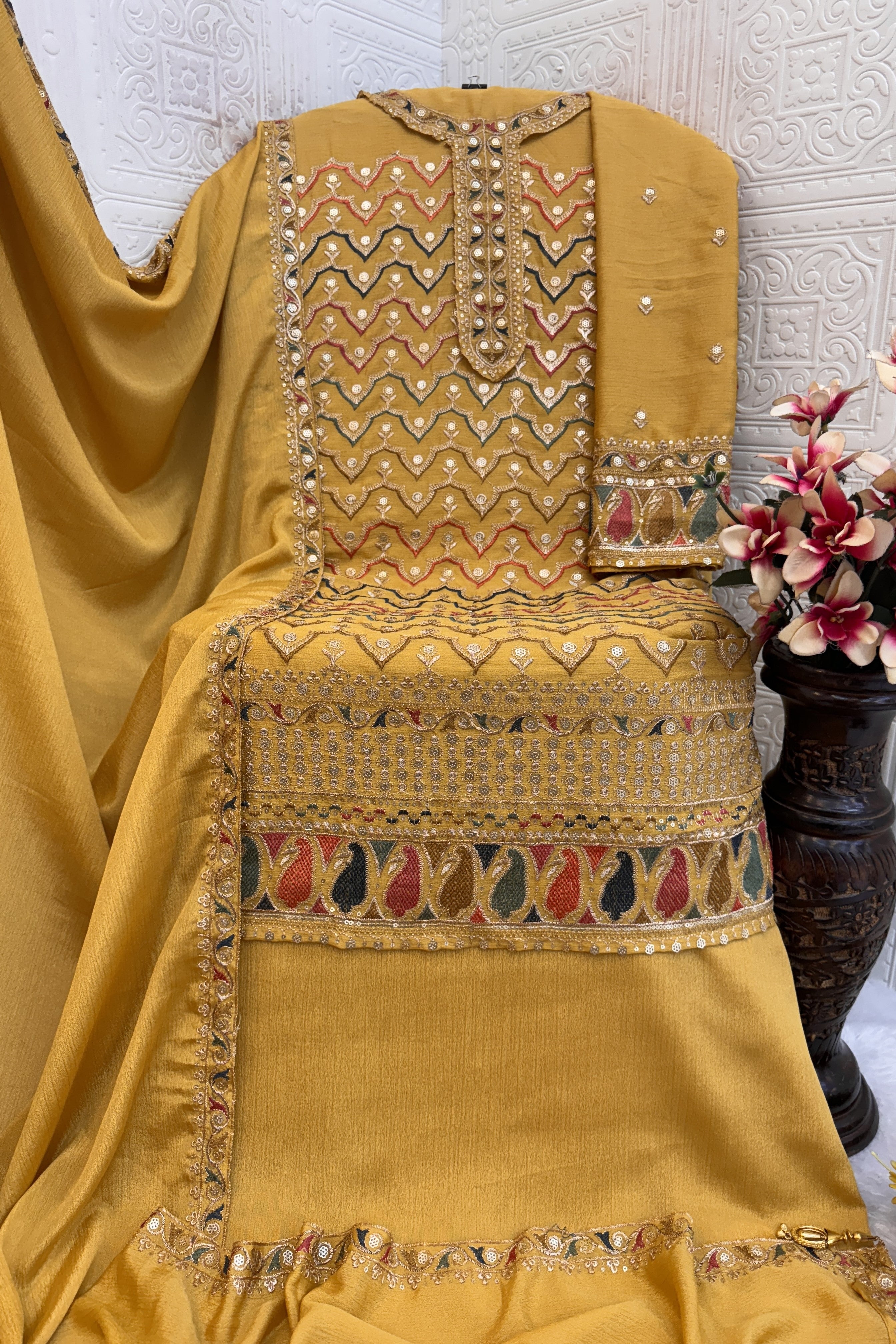 Yellow Chinon Silk Kameez With Palazzo Suit For Indian & Pakistani Wedding Festival - Thread & Sequence Embroidery