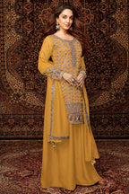 Yellow Chinon Silk Kameez With Palazzo Suit For Indian & Pakistani Wedding Festival - Thread & Sequence Embroidery