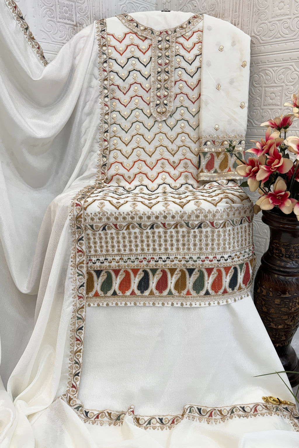 White Chinon Silk Kameez With Palazzo Suit For Indian & Pakistani Wedding Festival - Thread & Sequence Embroidery