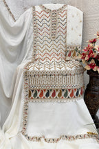 White Chinon Silk Kameez With Palazzo Suit For Indian & Pakistani Wedding Festival - Thread & Sequence Embroidery