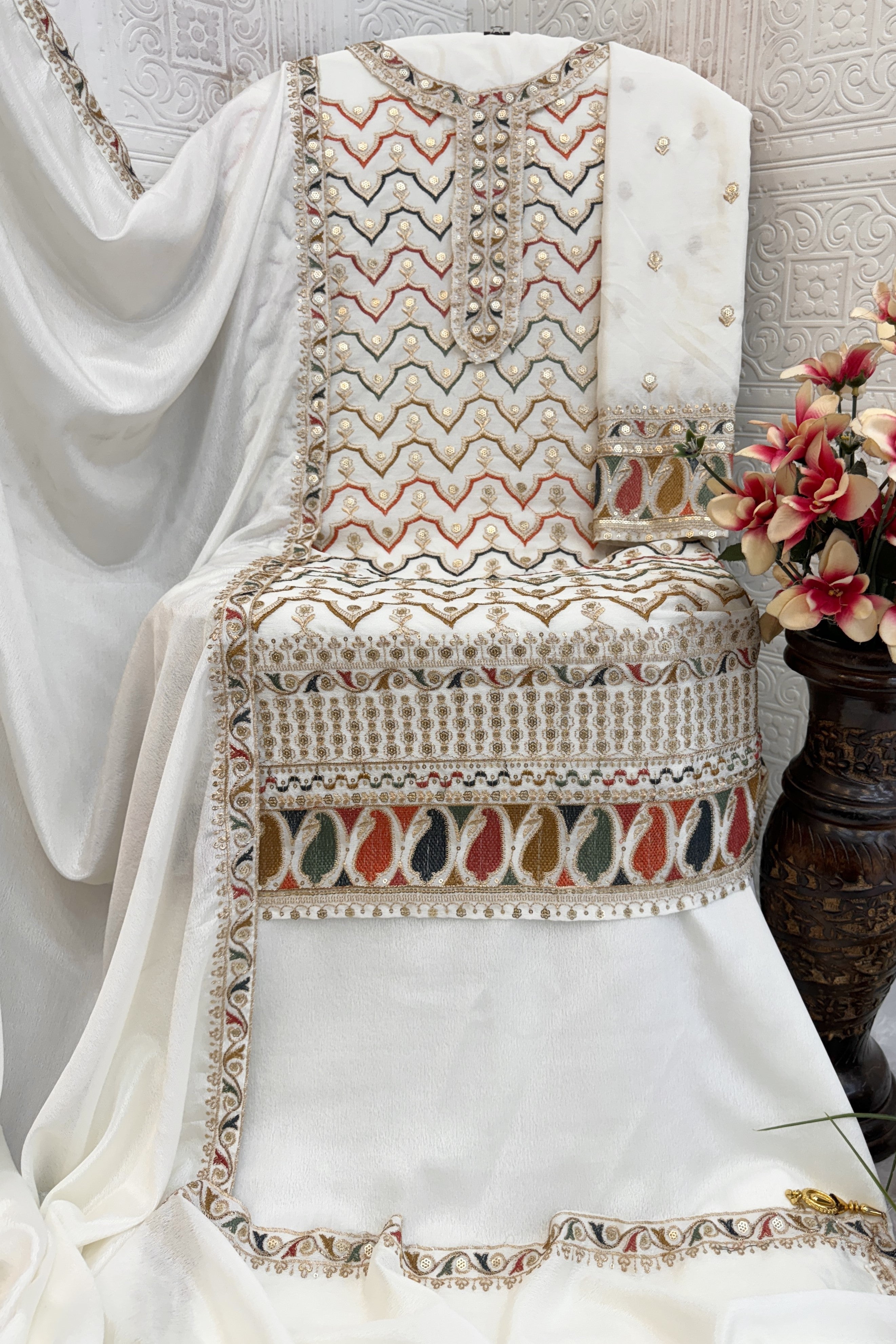 White Chinon Silk Kameez With Palazzo Suit For Indian & Pakistani Wedding Festival - Thread & Sequence Embroidery