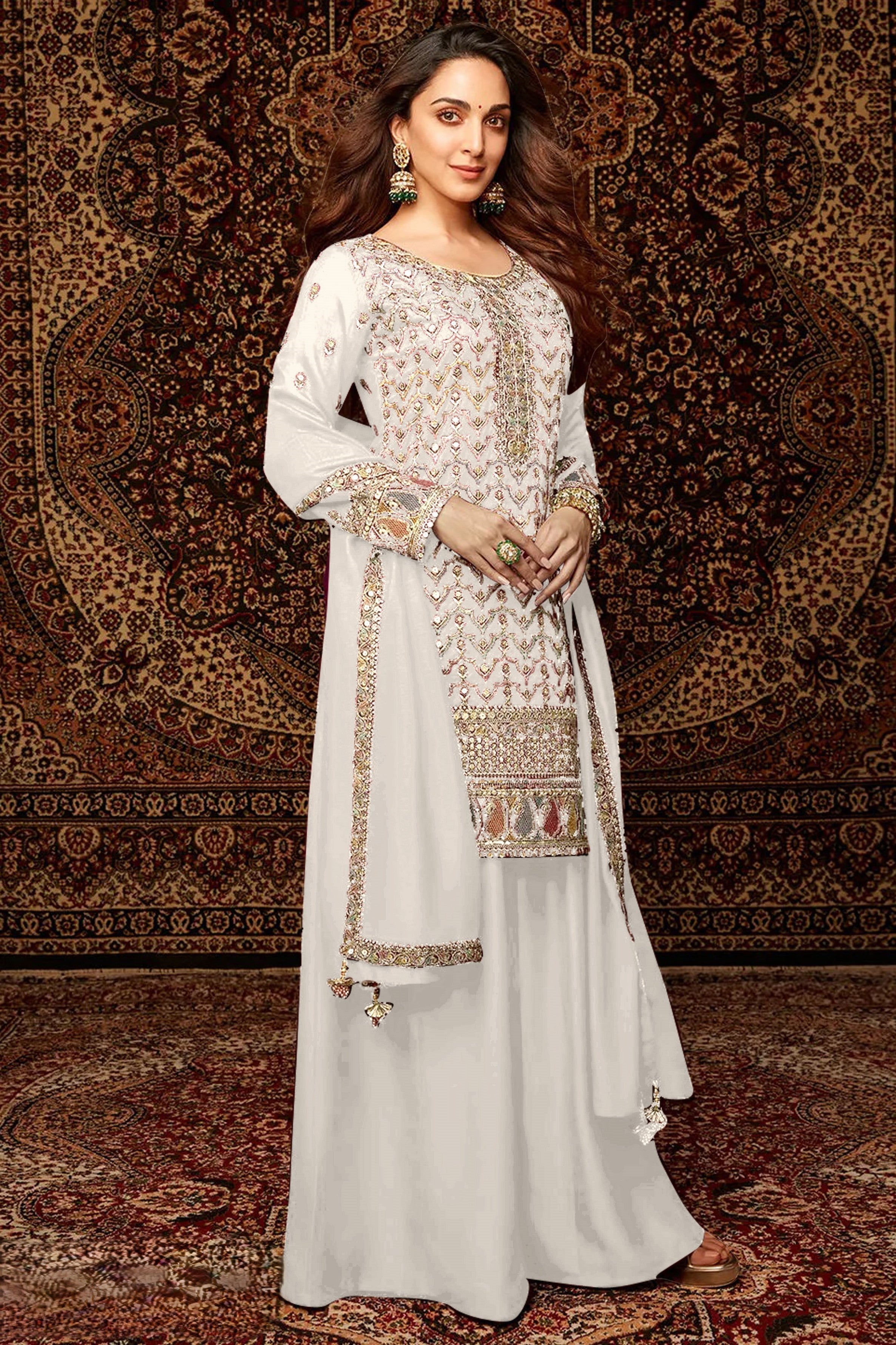 White Chinon Silk Kameez With Palazzo Suit For Indian & Pakistani Wedding Festival - Thread & Sequence Embroidery