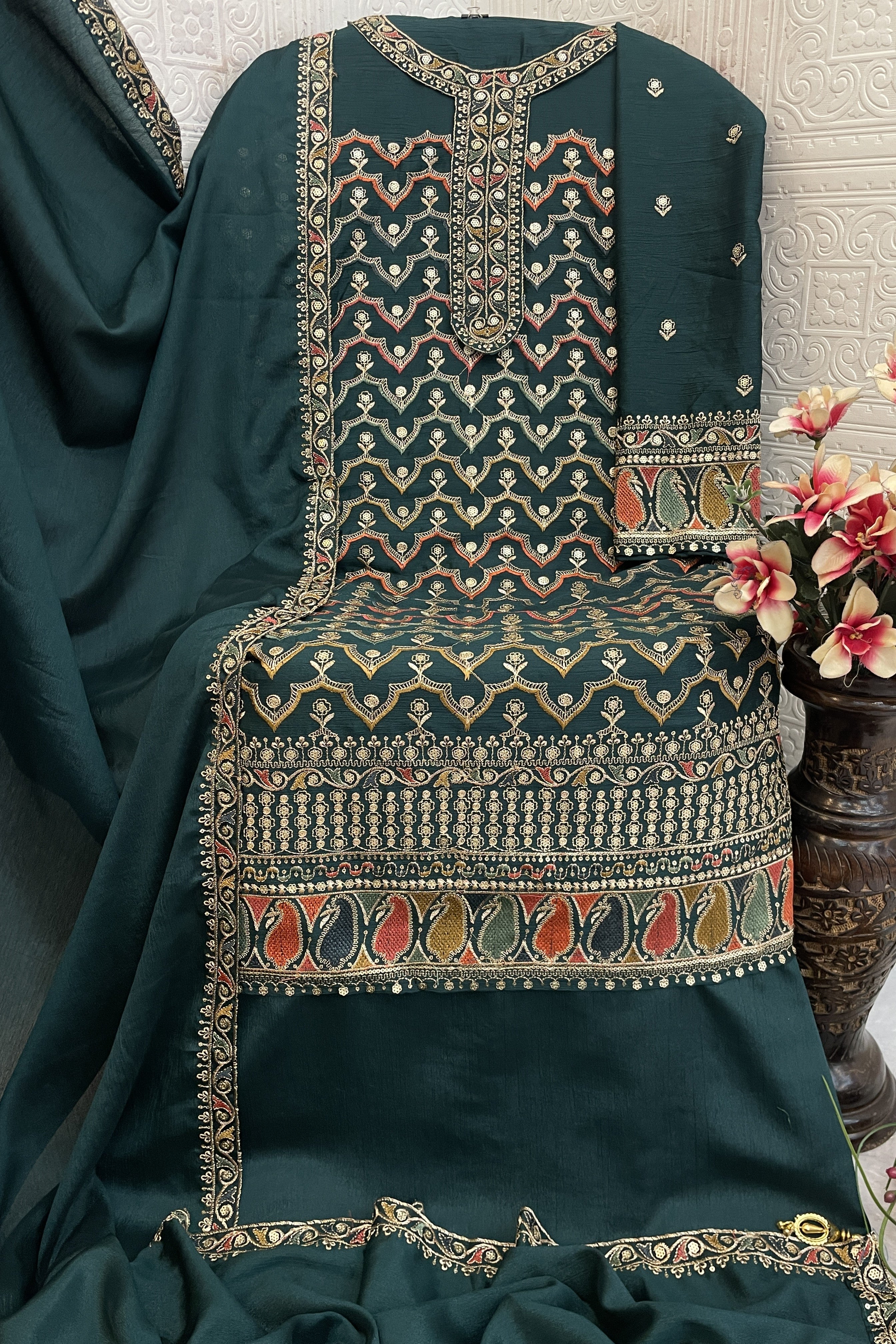 Green Chinon Silk Kameez With Palazzo Suit For Indian & Pakistani Wedding Festival - Thread & Sequence Embroidery