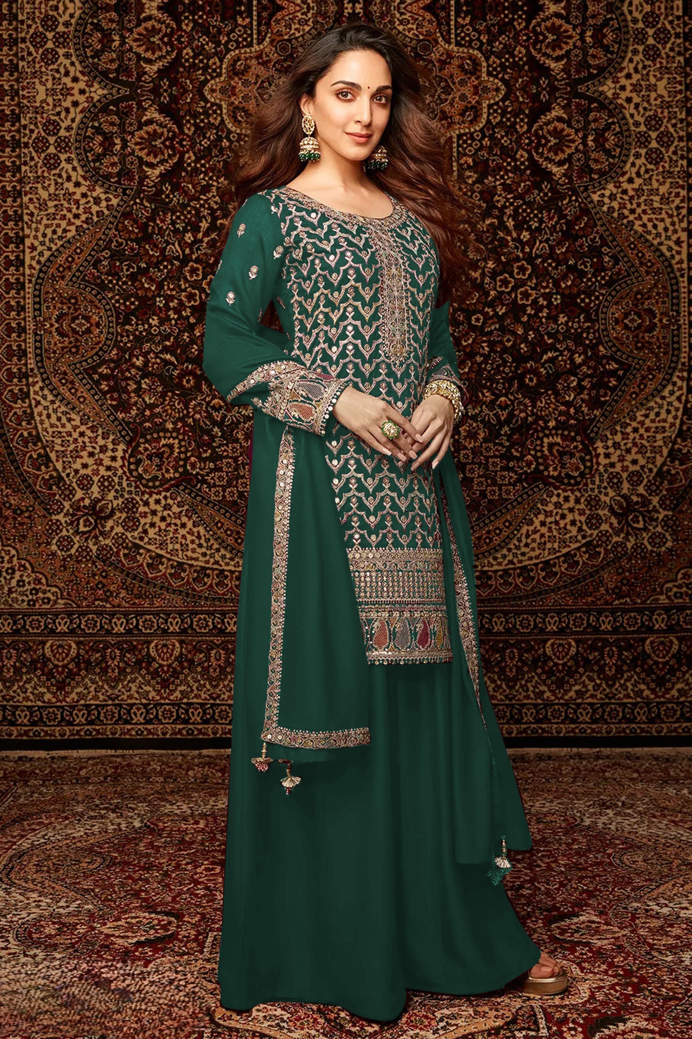 Green Chinon Silk Kameez With Palazzo Suit For Indian & Pakistani Wedding Festival - Thread & Sequence Embroidery