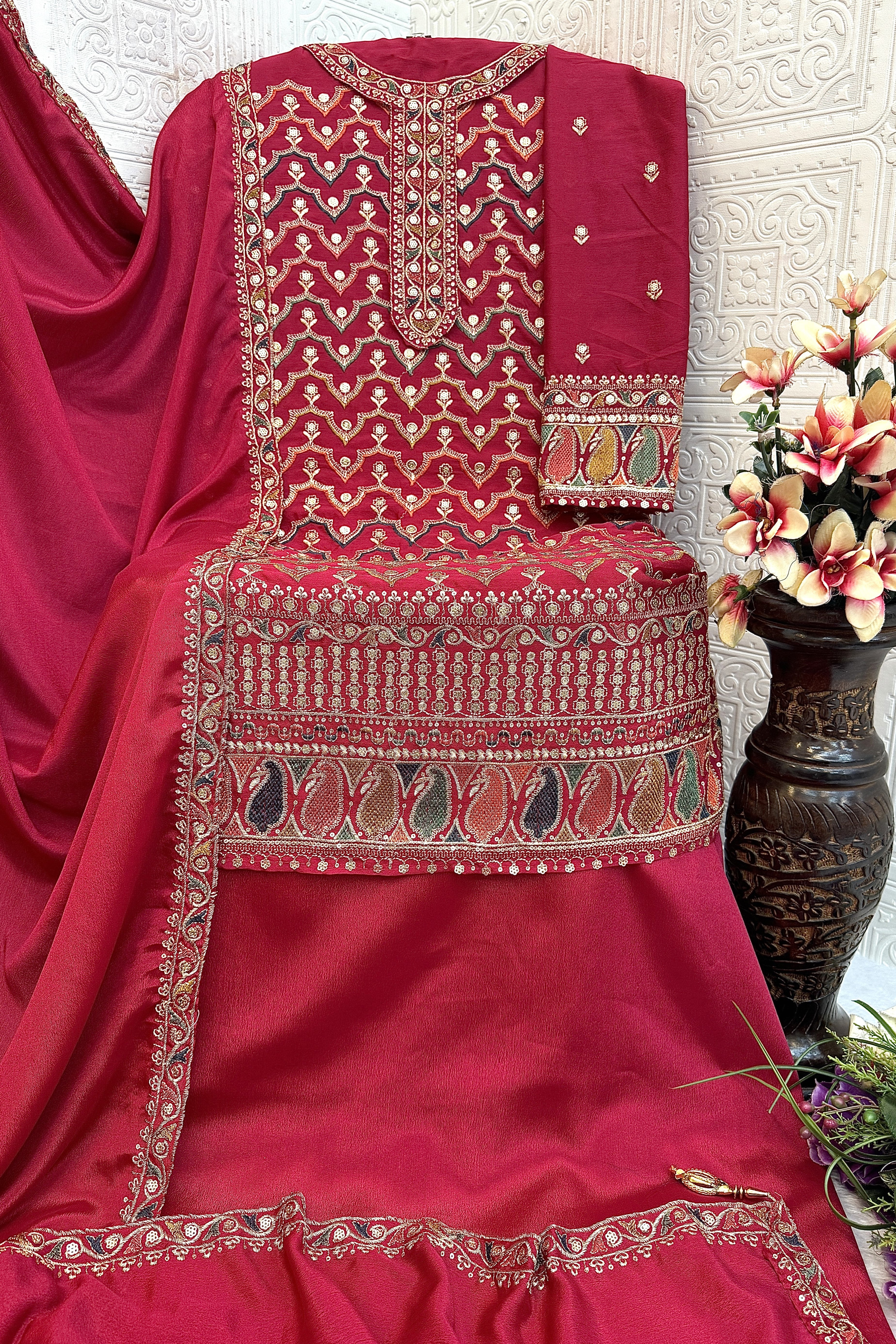 Pink Chinon Silk Kameez With Palazzo Suit For Indian & Pakistani Wedding Festival - Thread & Sequence Embroidery