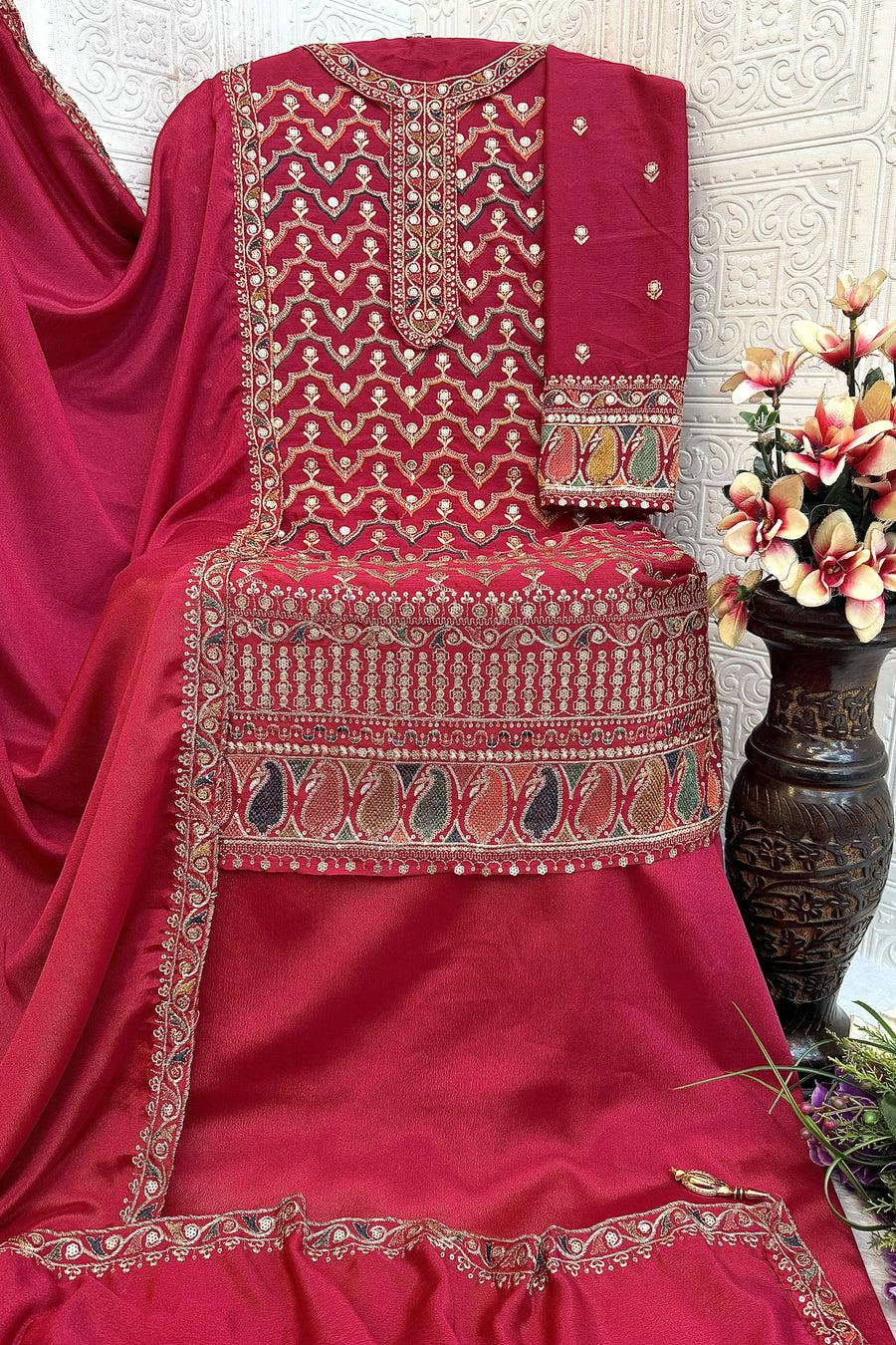 Pink Chinon Silk Kameez With Palazzo Suit For Indian & Pakistani Wedding Festival - Thread & Sequence Embroidery