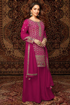 Pink Chinon Silk Kameez With Palazzo Suit For Indian & Pakistani Wedding Festival - Thread & Sequence Embroidery