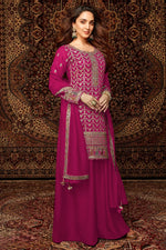 Pink Chinon Silk Kameez With Palazzo Suit For Indian & Pakistani Wedding Festival - Thread & Sequence Embroidery