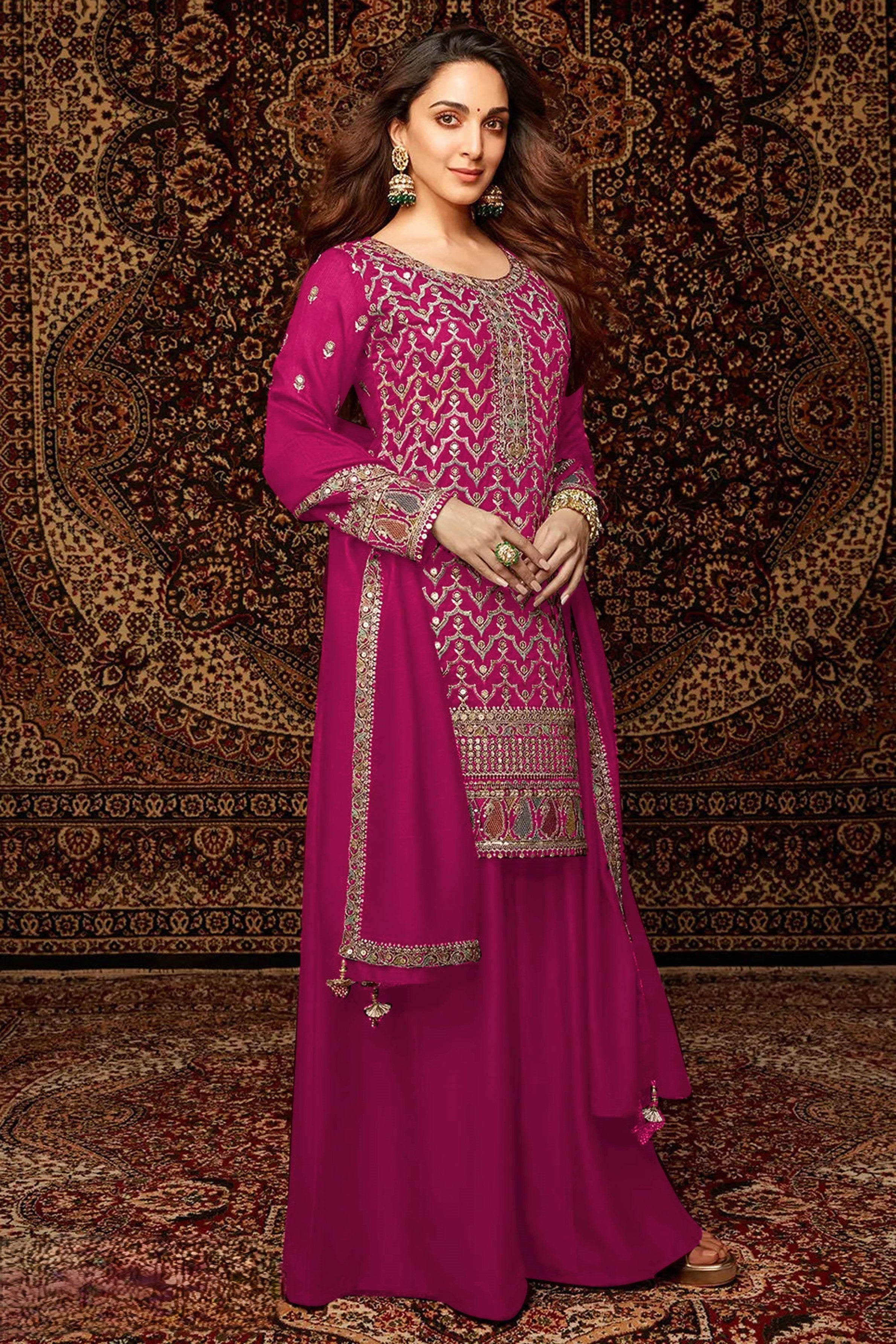 Pink Chinon Silk Kameez With Palazzo Suit For Indian & Pakistani Wedding Festival - Thread & Sequence Embroidery