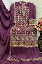 Purple Chinon Silk Kameez With Palazzo Suit For Indian & Pakistani Wedding Festival - Thread & Sequence Embroidery