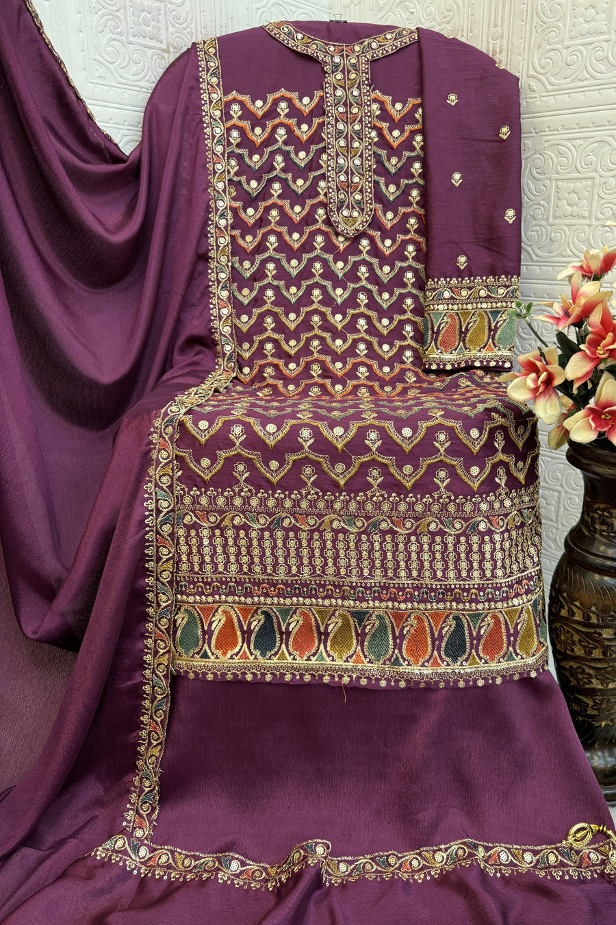 Purple Chinon Silk Kameez With Palazzo Suit For Indian & Pakistani Wedding Festival - Thread & Sequence Embroidery
