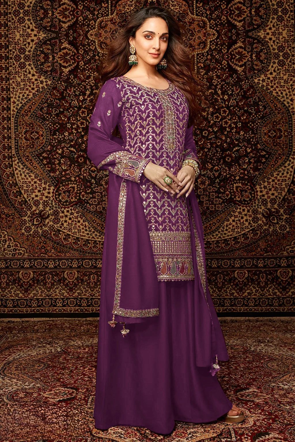 Purple Chinon Silk Kameez With Palazzo Suit For Indian & Pakistani Wedding Festival - Thread & Sequence Embroidery