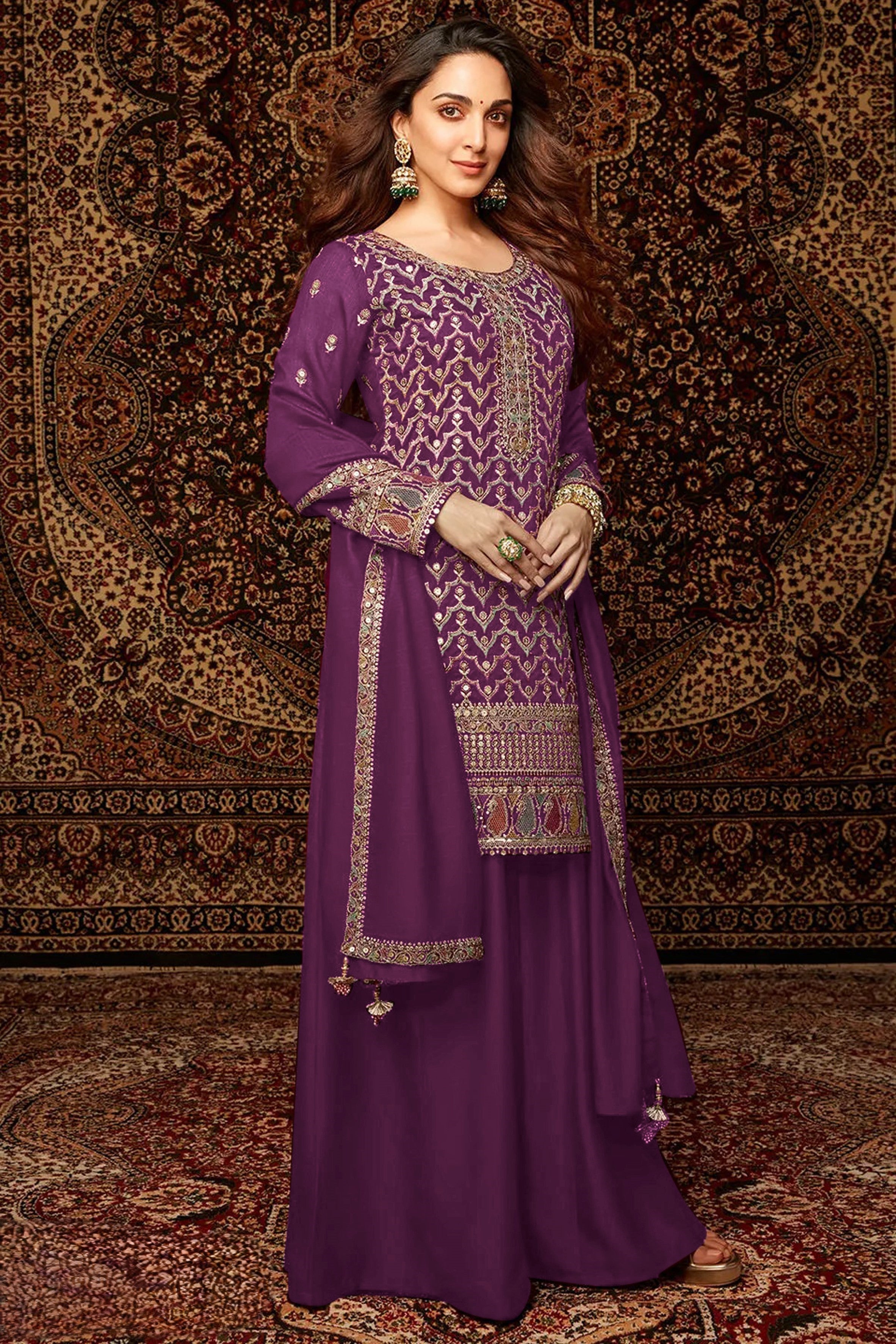 Purple Chinon Silk Kameez With Palazzo Suit For Indian & Pakistani Wedding Festival - Thread & Sequence Embroidery