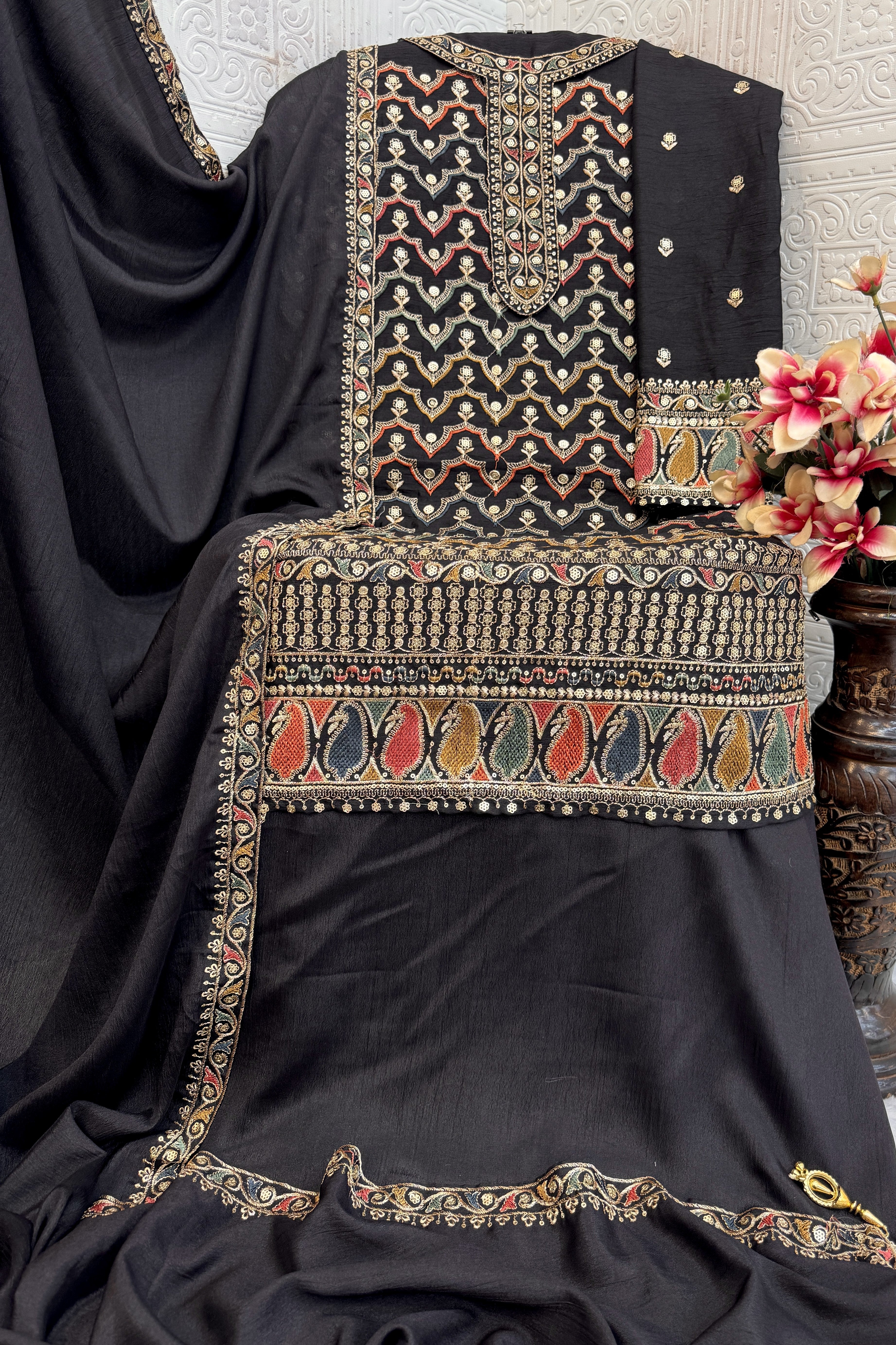 Black Chinon Silk Kameez With Palazzo Suit For Indian & Pakistani Wedding Festival - Thread & Sequence Embroidery