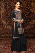 Black Chinon Silk Kameez With Palazzo Suit For Indian & Pakistani Wedding Festival - Thread & Sequence Embroidery