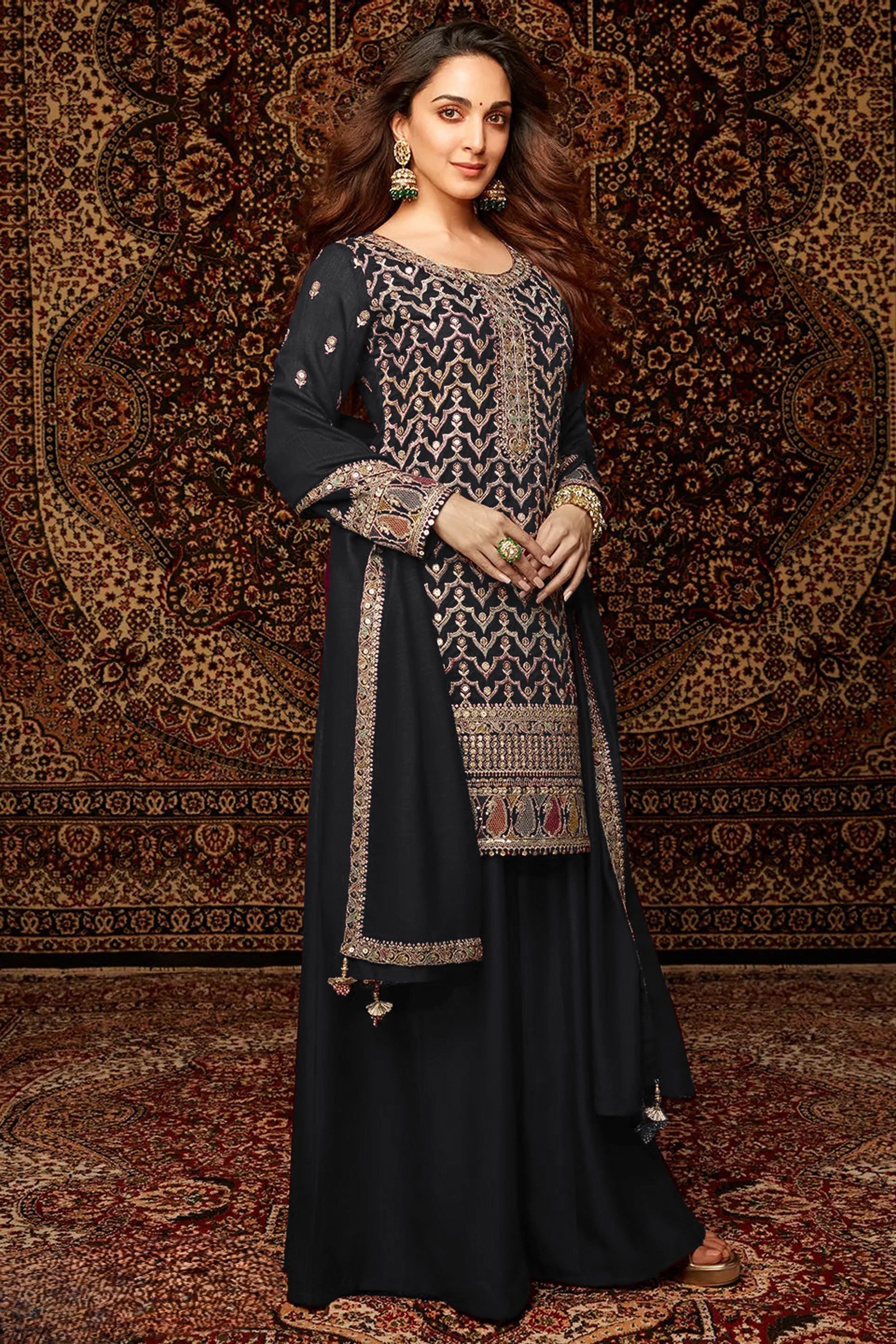 Black Chinon Silk Kameez With Palazzo Suit For Indian & Pakistani Wedding Festival - Thread & Sequence Embroidery