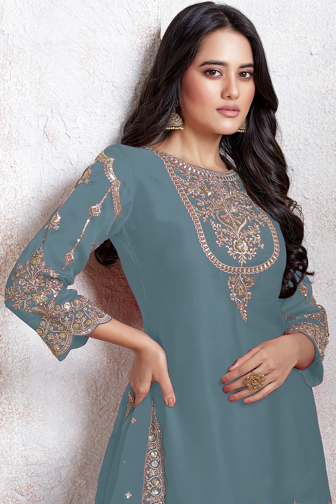 Light Teal Georgette Kameez With Dhoti Suit For Indian & Pakistani Wedding Festival - Thread & Sequence Embroidery