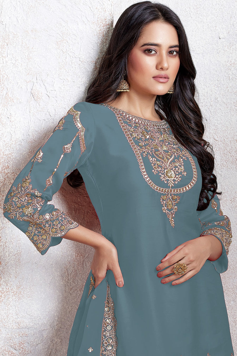 Light Teal Georgette Kameez With Dhoti Suit For Indian & Pakistani Wedding Festival - Thread & Sequence Embroidery