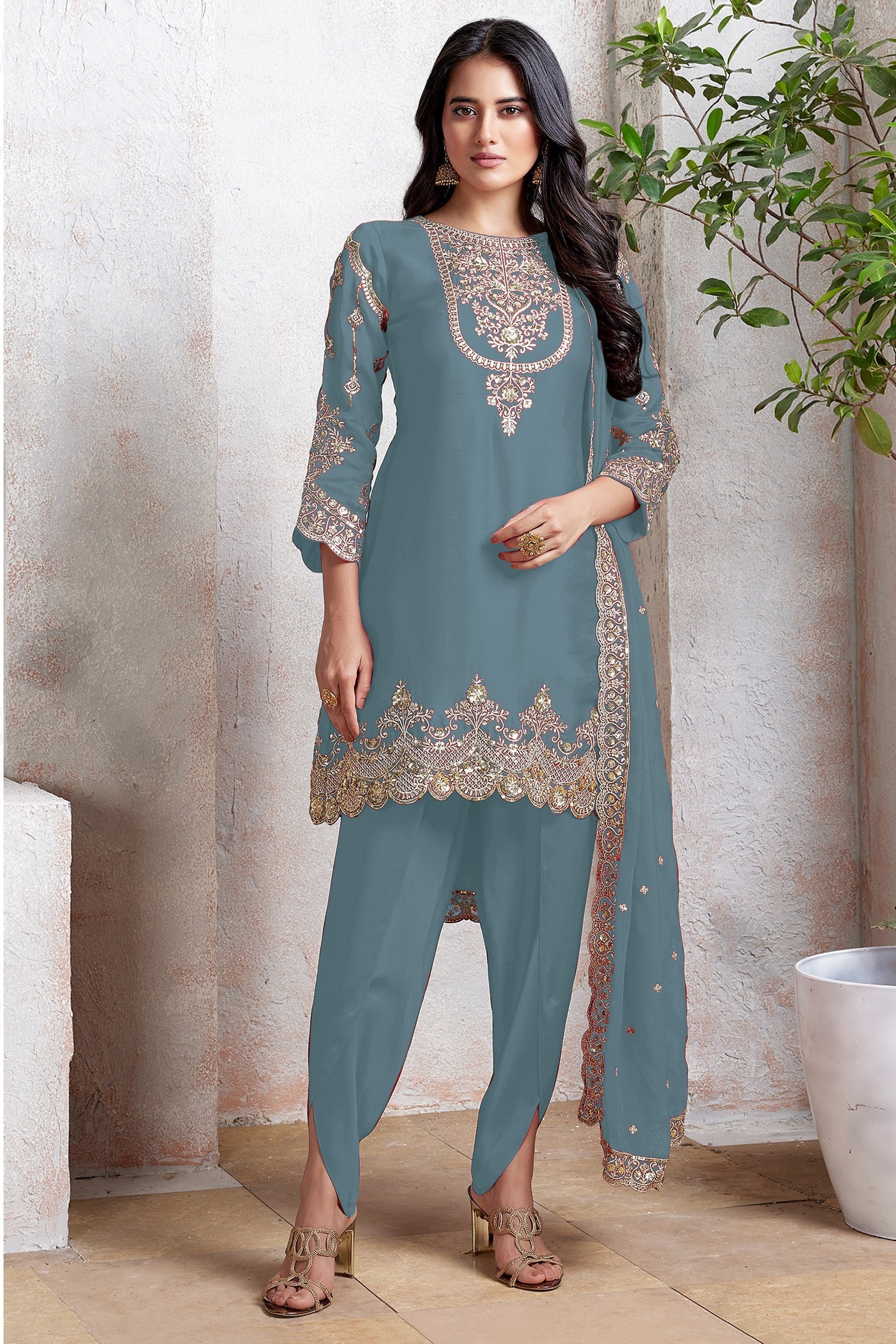 Light Teal Georgette Kameez With Dhoti Suit For Indian & Pakistani Wedding Festival - Thread & Sequence Embroidery