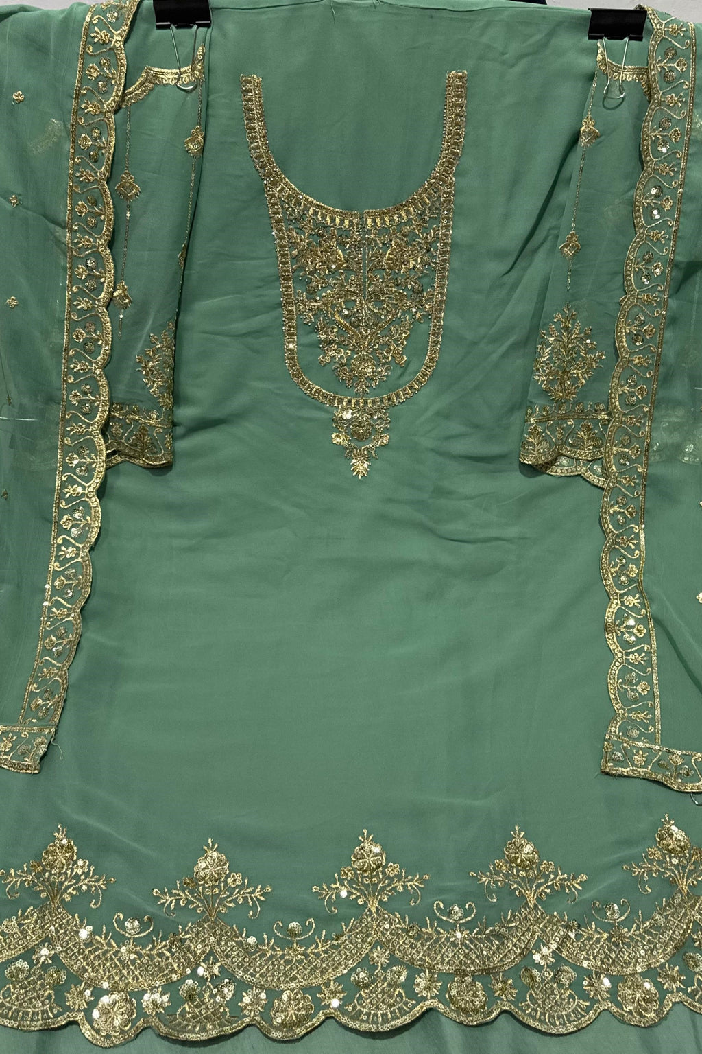 Sage Green Georgette Kameez With Dhoti Suit For Indian & Pakistani Wedding Festival - Thread & Sequence Embroidery