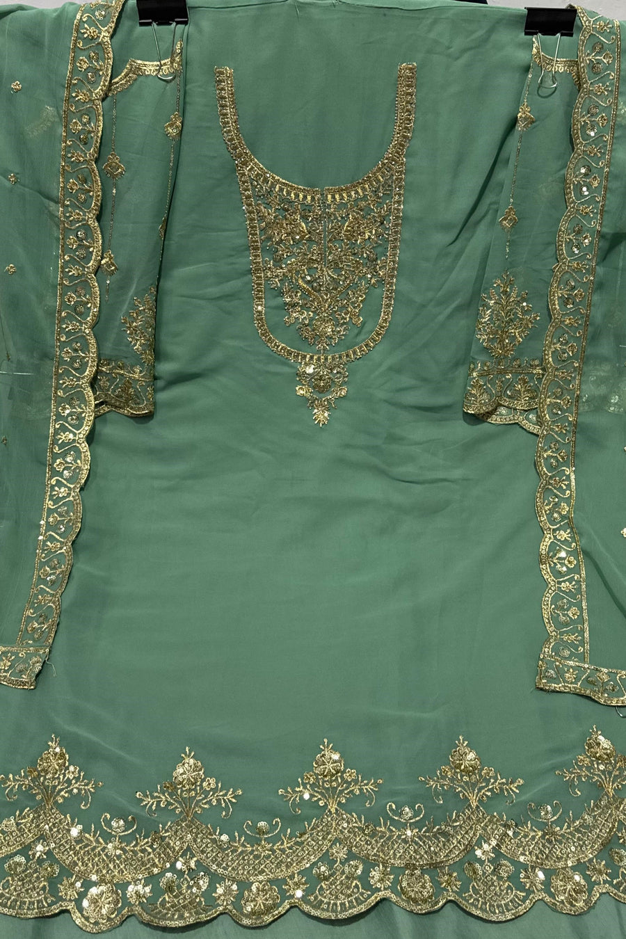 Sage Green Georgette Kameez With Dhoti Suit For Indian & Pakistani Wedding Festival - Thread & Sequence Embroidery