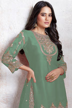 Sage Green Georgette Kameez With Dhoti Suit For Indian & Pakistani Wedding Festival - Thread & Sequence Embroidery