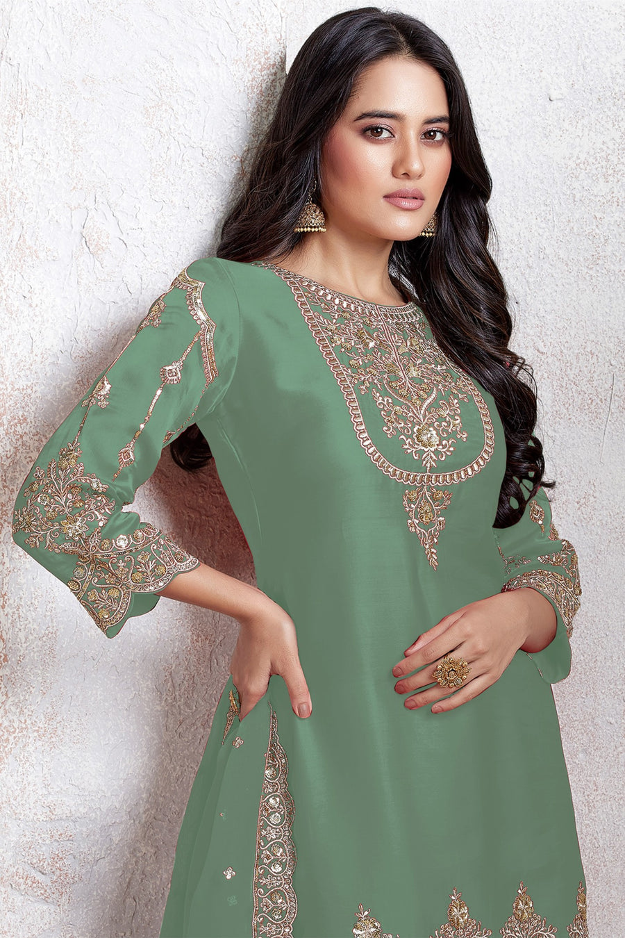 Sage Green Georgette Kameez With Dhoti Suit For Indian & Pakistani Wedding Festival - Thread & Sequence Embroidery