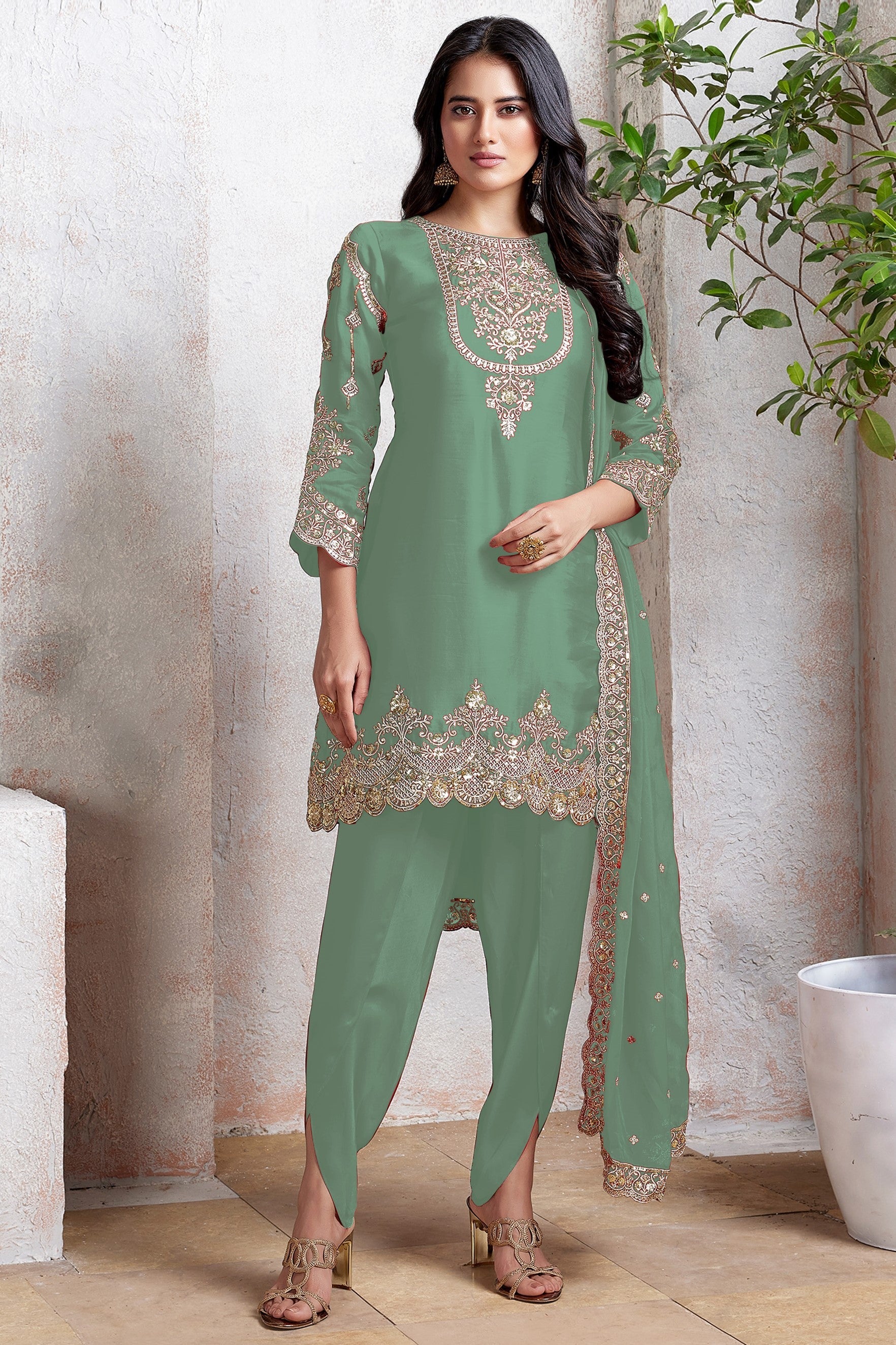 Sage Green Georgette Kameez With Dhoti Suit For Indian & Pakistani Wedding Festival - Thread & Sequence Embroidery