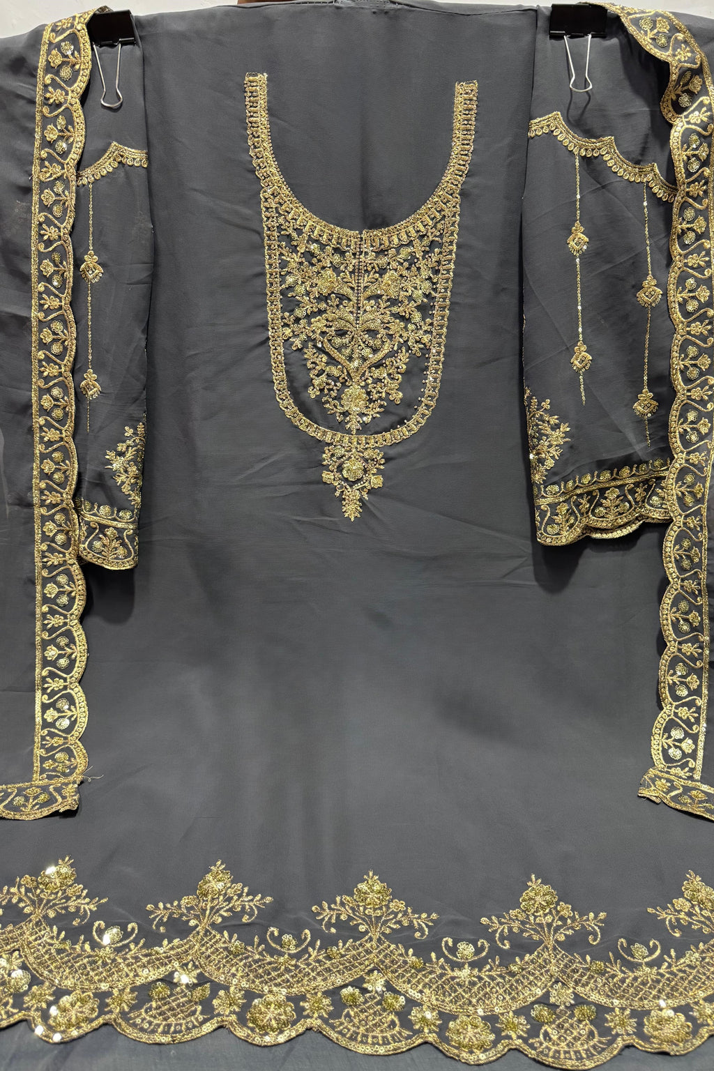 Grey Georgette Kameez With Dhoti Suit For Indian & Pakistani Wedding Festival - Thread & Sequence Embroidery