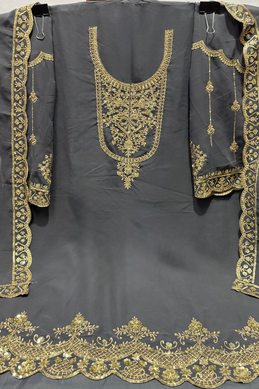 Grey Georgette Kameez With Dhoti Suit For Indian & Pakistani Wedding Festival - Thread & Sequence Embroidery