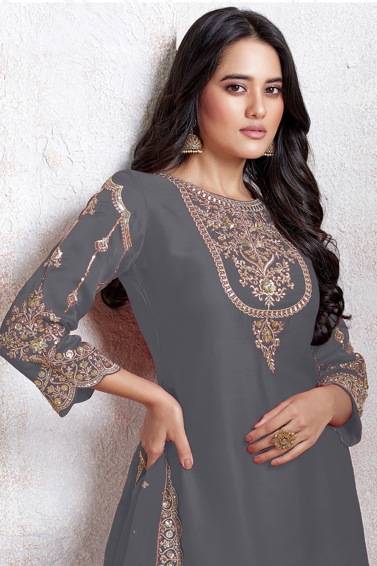Grey Georgette Kameez With Dhoti Suit For Indian & Pakistani Wedding Festival - Thread & Sequence Embroidery