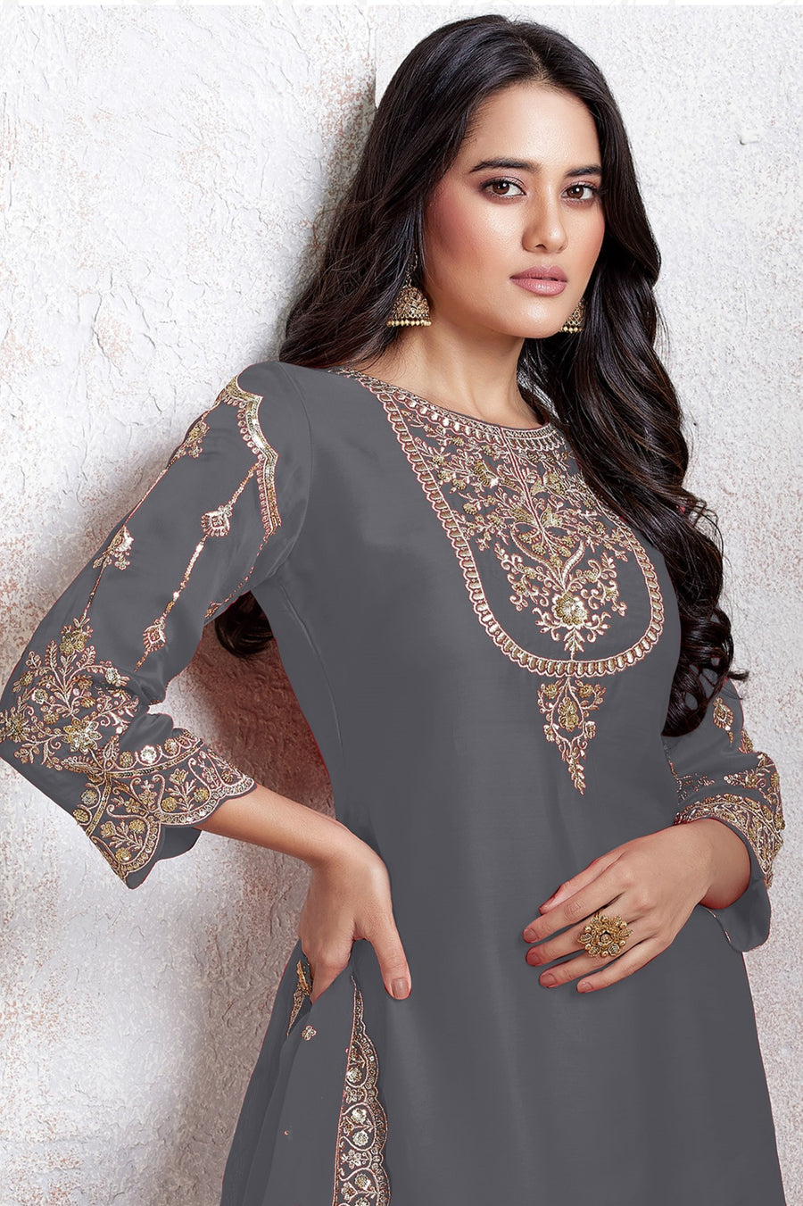 Grey Georgette Kameez With Dhoti Suit For Indian & Pakistani Wedding Festival - Thread & Sequence Embroidery