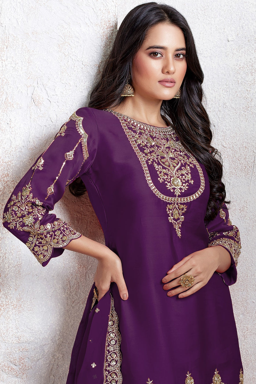 Purple Georgette Kameez With Dhoti Suit For Indian & Pakistani Wedding Festival - Thread & Sequence Embroidery