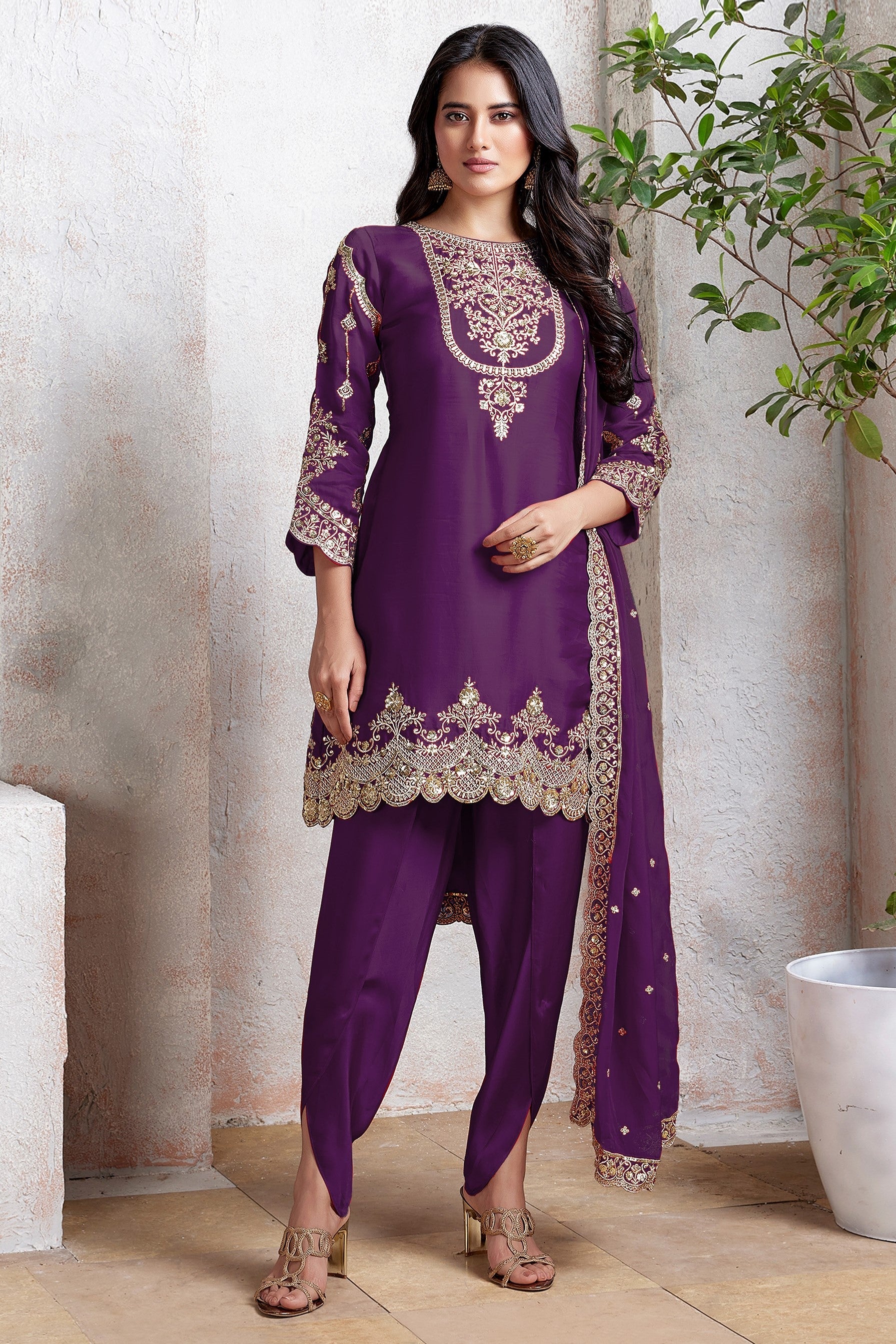 Purple Georgette Kameez With Dhoti Suit For Indian & Pakistani Wedding Festival - Thread & Sequence Embroidery