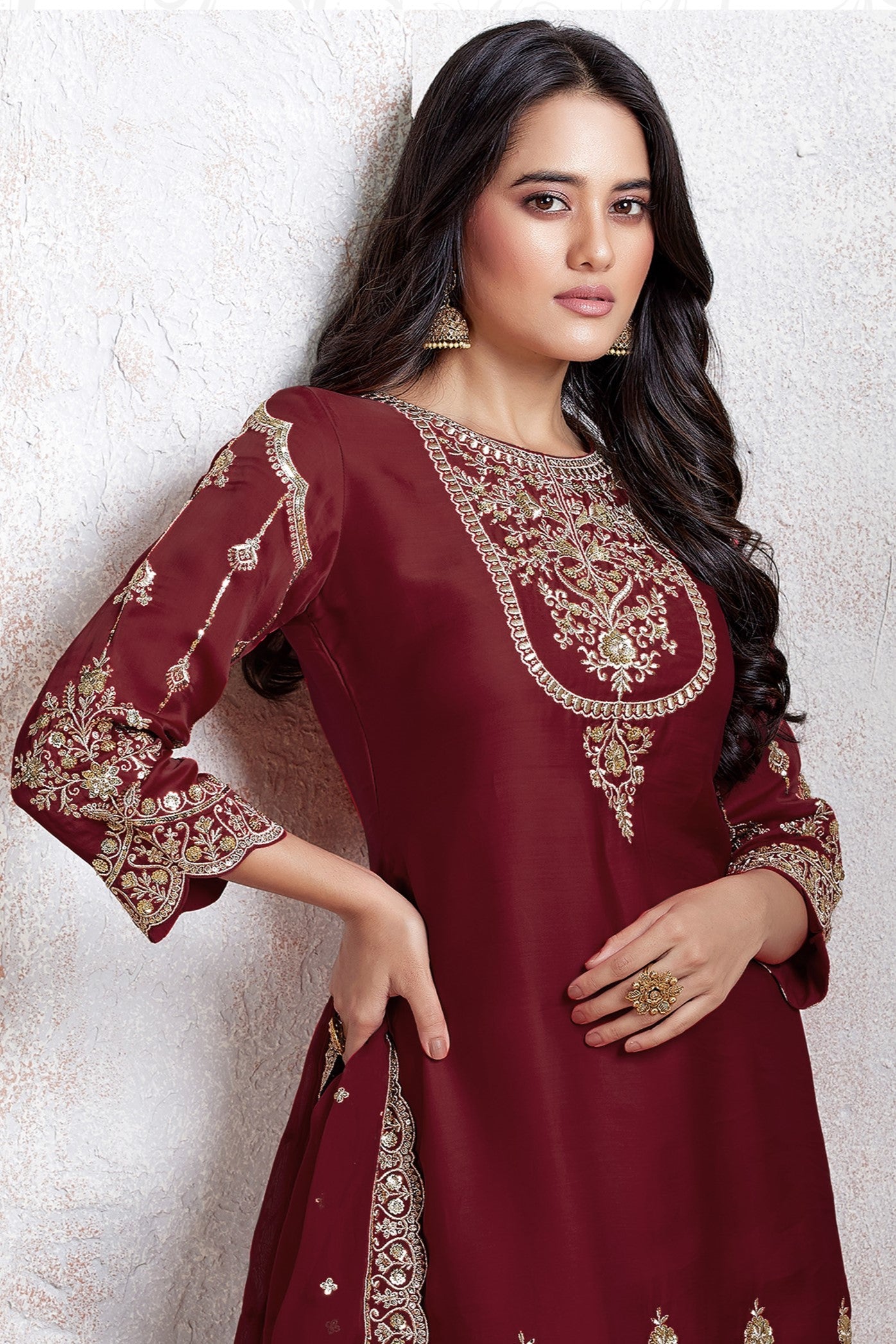 Maroon Georgette Kameez With Dhoti Suit For Indian & Pakistani Wedding Festival - Thread & Sequence Embroidery