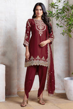 Maroon Georgette Kameez With Dhoti Suit For Indian & Pakistani Wedding Festival - Thread & Sequence Embroidery