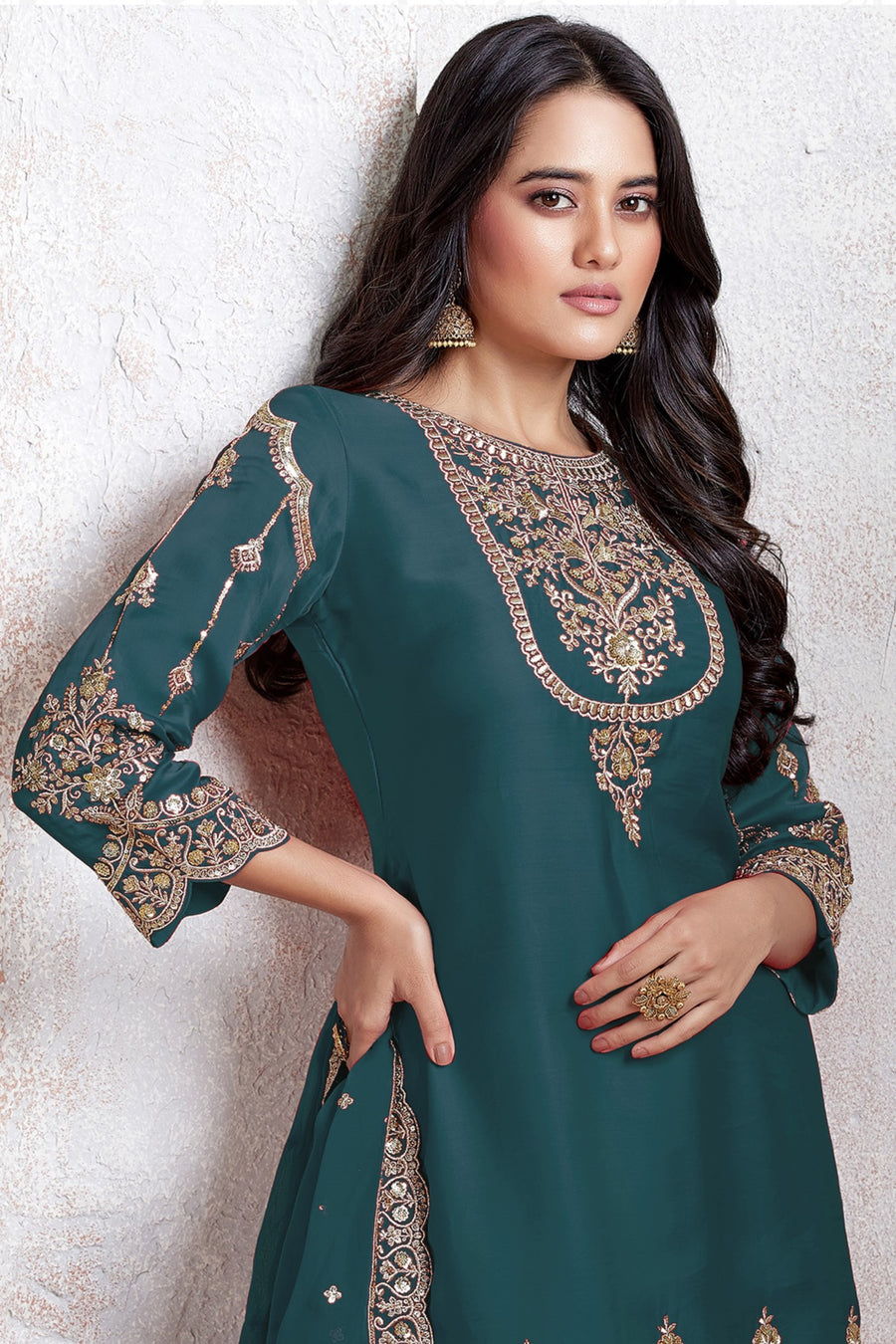 Teal Georgette Kameez With Dhoti Suit For Indian & Pakistani Wedding Festival - Thread & Sequence Embroidery