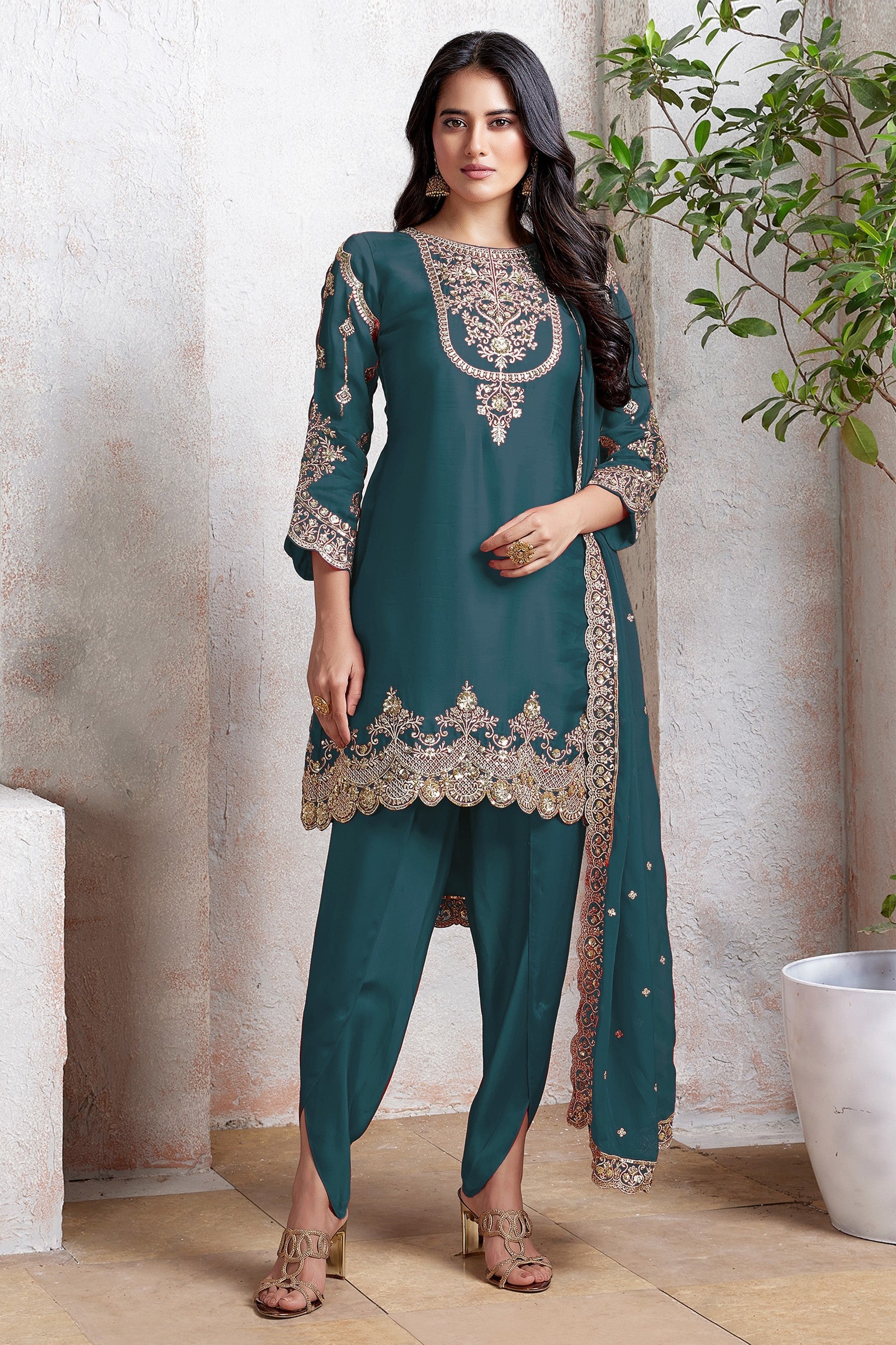 Teal Georgette Kameez With Dhoti Suit For Indian & Pakistani Wedding Festival - Thread & Sequence Embroidery
