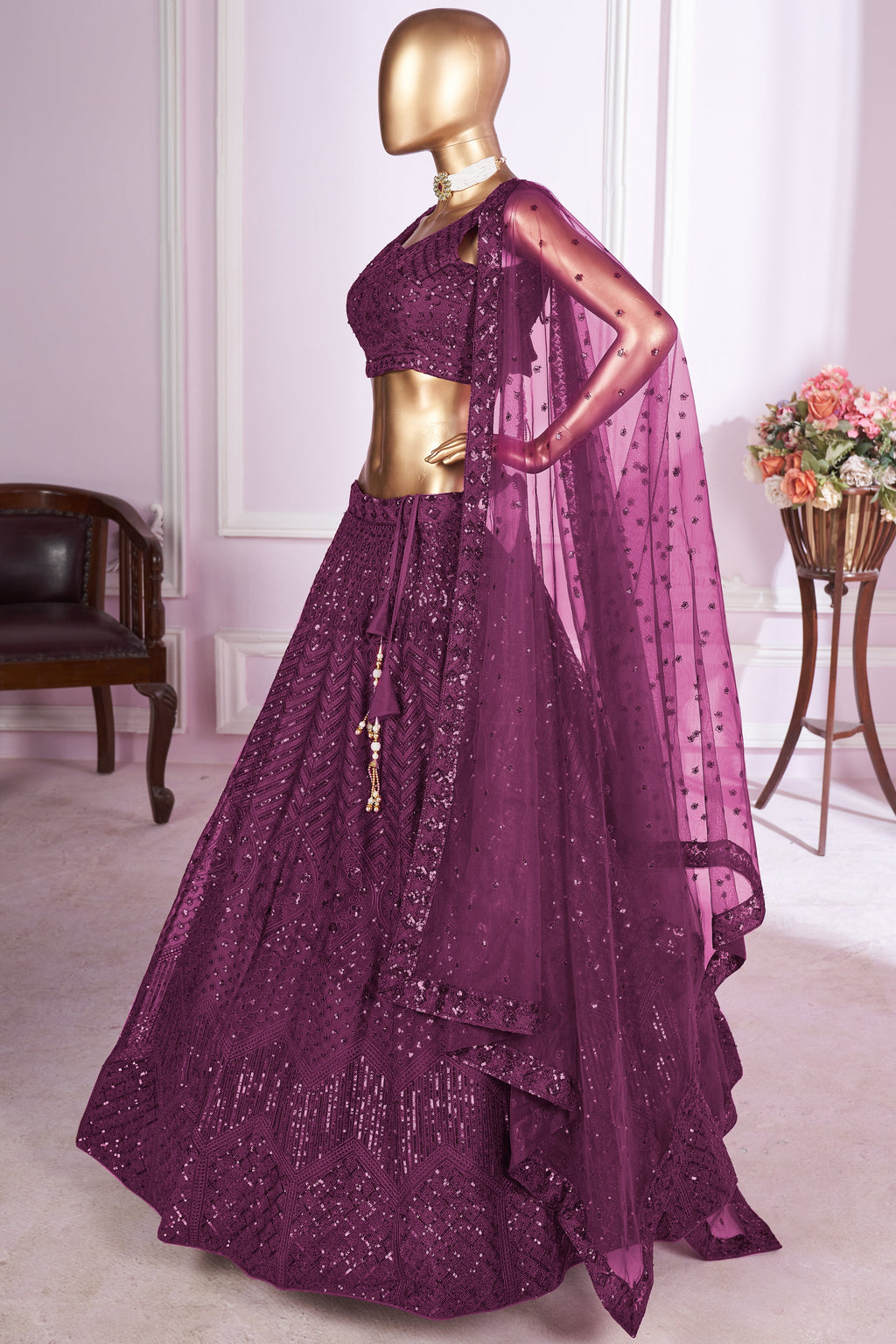 Wine Net Lehenga Choli For Indian & Pakistani Wedding Festival - Sequins & Thread Embroidery Work