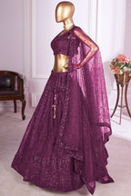 Wine Net Lehenga Choli For Indian & Pakistani Wedding Festival - Sequins & Thread Embroidery Work