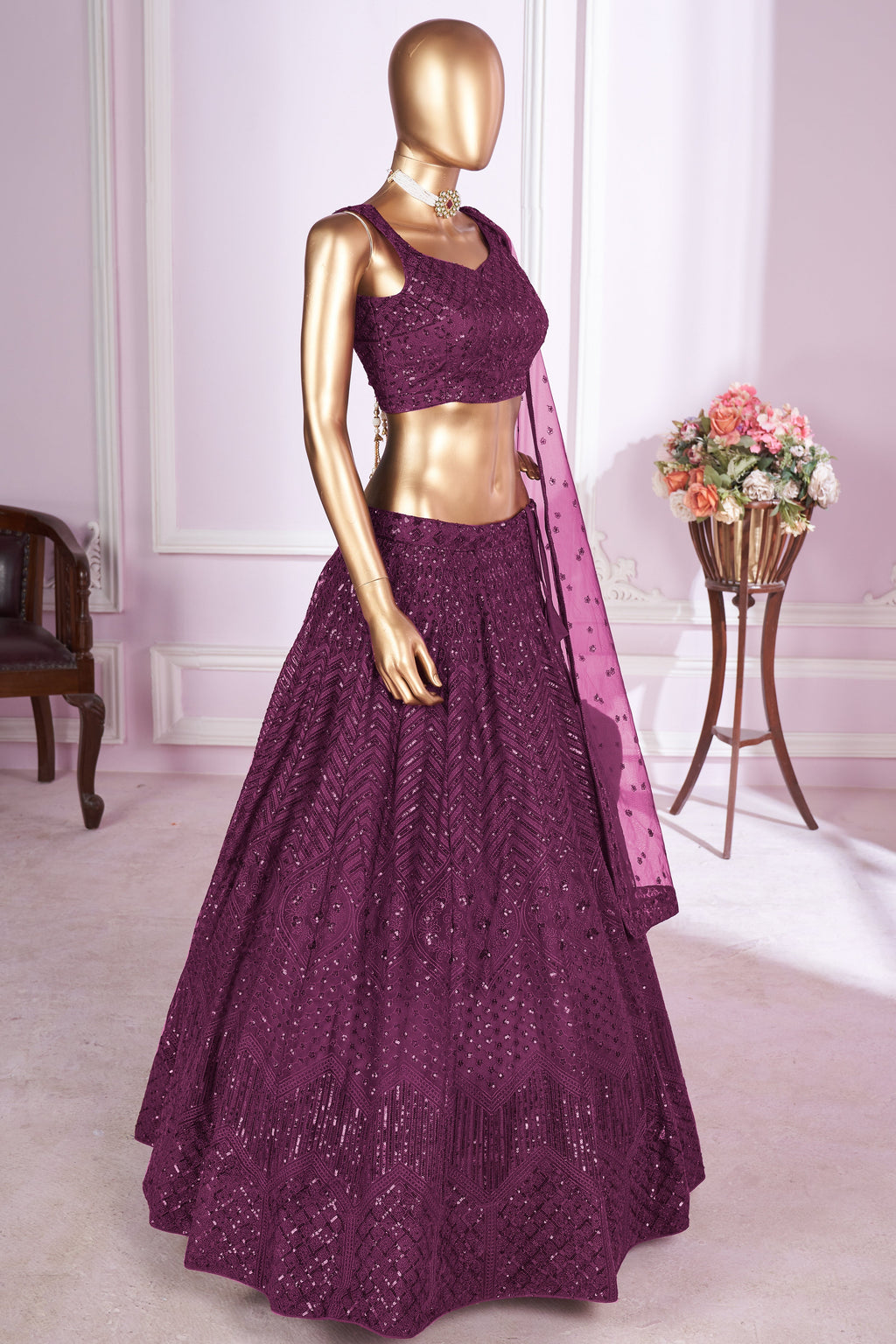 Wine Net Lehenga Choli For Indian & Pakistani Wedding Festival - Sequins & Thread Embroidery Work