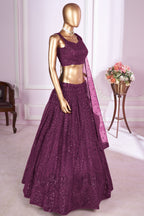 Wine Net Lehenga Choli For Indian & Pakistani Wedding Festival - Sequins & Thread Embroidery Work