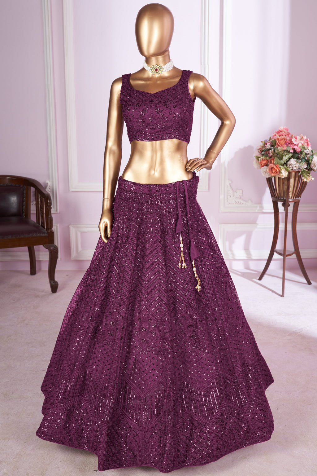 Wine Net Lehenga Choli For Indian & Pakistani Wedding Festival - Sequins & Thread Embroidery Work