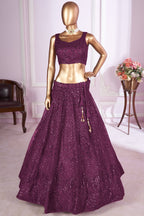 Wine Net Lehenga Choli For Indian & Pakistani Wedding Festival - Sequins & Thread Embroidery Work