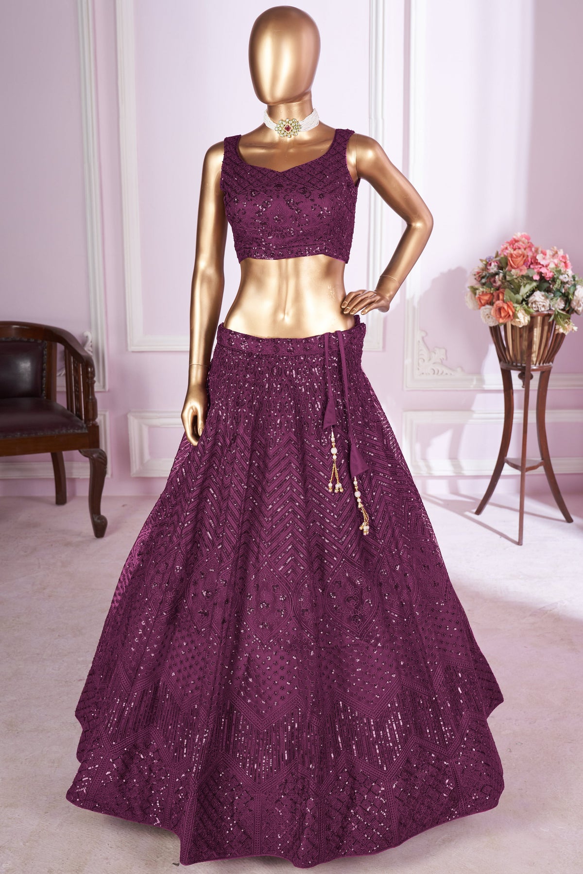 Wine Net Lehenga Choli For Indian & Pakistani Wedding Festival - Sequins & Thread Embroidery Work