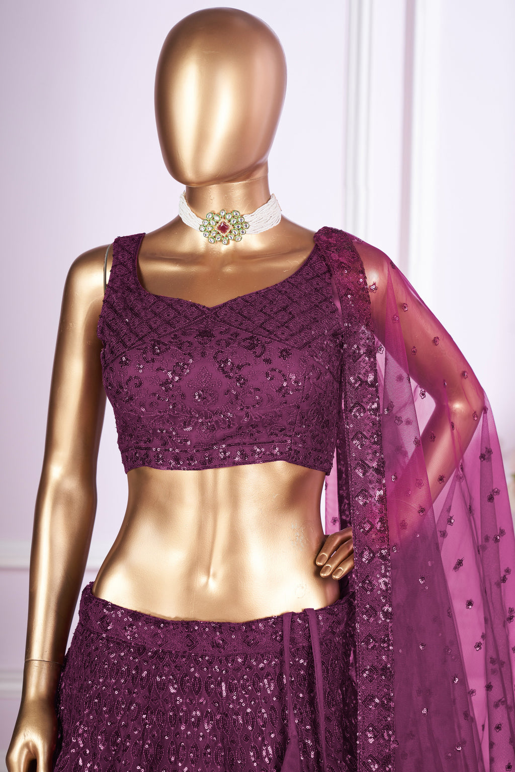 Wine Net Lehenga Choli For Indian & Pakistani Wedding Festival - Sequins & Thread Embroidery Work